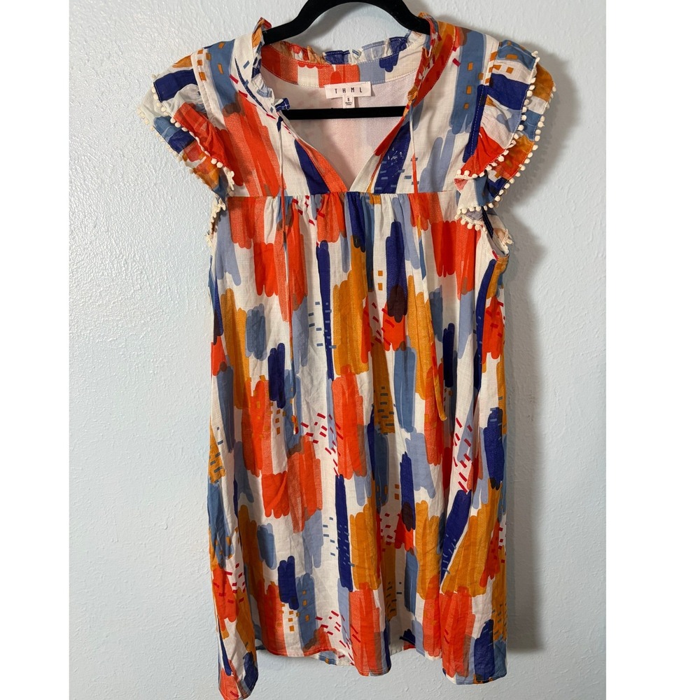 THML Abstract Print Ruffle Pom Pom Mini Dress Orange Blue S Coastal Resort Wear